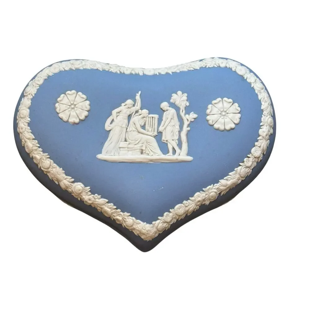 Vintage 1980s Heart Shaped Wedgwood Blue Jasperware Trinket Box
